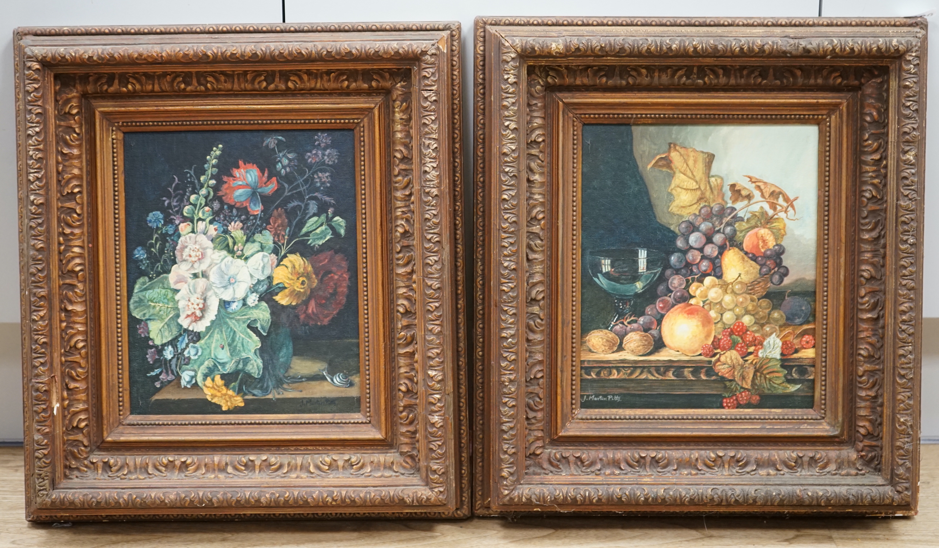 J Martin Pitts, After Jan Van Huijsum (1682-1749) and After Edward Ladell (1821-1886), pair of oils on board, Still lifes of fruit and flowers, each signed, inscribed verso, 26 x 22cm